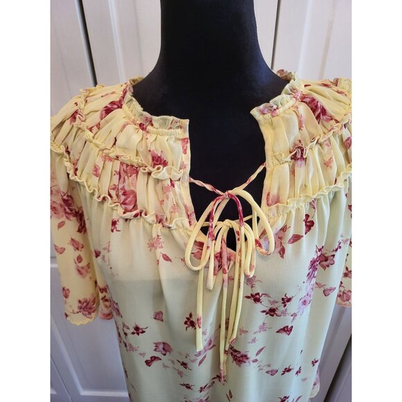 Yellow/Pink Floral Ruffle Blouse Flowy Butterflies sz L Cottage Fairy Coquette - Picture 3 of 8